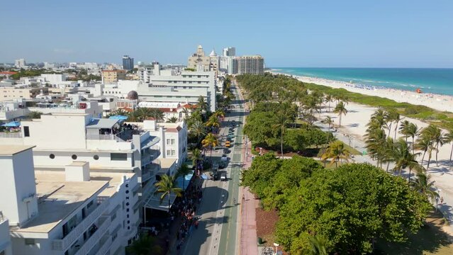 Low stock aerial drone footage South Beach Miami FL Spring Break 2023