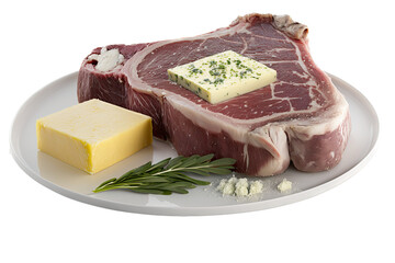 a cooking-themed illustration photo featuring an isolated raw steak ready to be cooked on a plate arranged with butter, seasonings, and herbs set on a transparent background and provided in PNG. AI