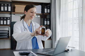 Medicine doctor touching on digital tablet and hologram modern virtual screen interface icons, Medical technology and futuristic concept.