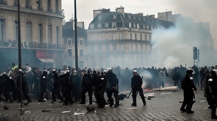 Violent Crowded Demonstration in the streets of Paris, generative ai