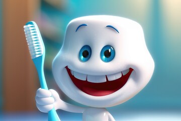 Smiling white tooth holding a toothbrush, ideal for kids dental hygiene education, generative AI