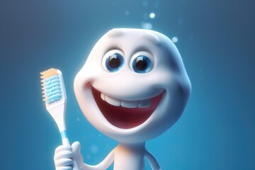 Fototapeta premium Smiling white tooth holding a toothbrush, ideal for kids dental hygiene education, generative AI