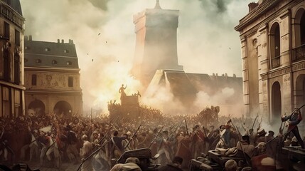 Historical recreation of the French revolution in front of the Bastille prison, generative AI - obrazy, fototapety, plakaty