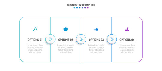 Timeline infographic with infochart. Modern presentation template with 4 spets for business process. Website template on white background for concept modern design. Horizontal layout.