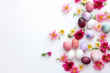 Easter painted eggs and springtime flowers over white background. Spring holidays concept with copy space. Top view - Generative AI
