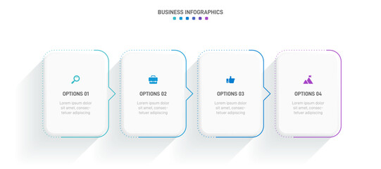 Timeline infographic with infochart. Modern presentation template with 4 spets for business process. Website template on white background for concept modern design. Horizontal layout.