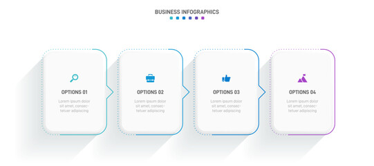 Timeline infographic with infochart. Modern presentation template with 4 spets for business process. Website template on white background for concept modern design. Horizontal layout.