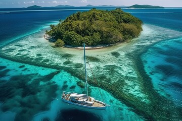 A person on a sailboat is island hopping and snorkeling in crystal clear waters.