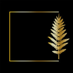 Golden frame with fern. Fern frame on black background. Vector illustration.