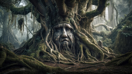 Fototapeta na wymiar Fantasy giant tree with roots at the dark foggy forest (created with Generative AI)