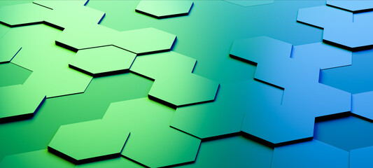 Hexagonal background with shiny metallic blue and green hexagons, abstract futuristic geometric backdrop or wallpaper