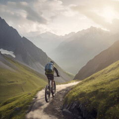 Fototapeta na wymiar Un cycliste qui fait du vélo dans un paysage montagneux