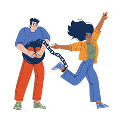 Man Holding Ball with Chained Woman Engaged in Manipulation and Control Vector Illustration