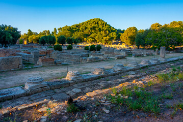 Sunset view of Leonidaio at Archaeological Site of Olympia in Greece