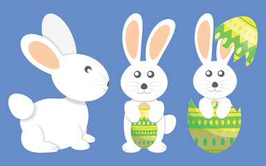 Obraz premium 3 Flat Illustrations of White Rabbit with Easter Egg