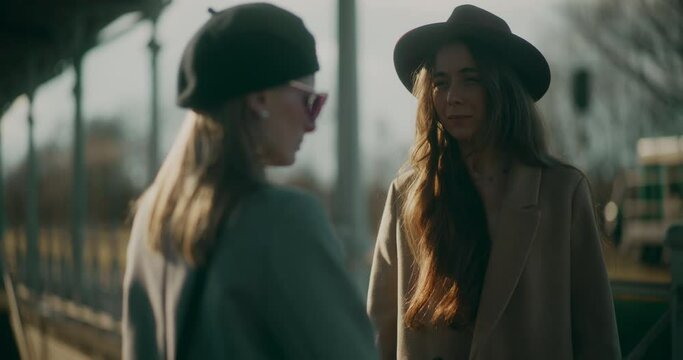 Two Women Talking at Railway Station