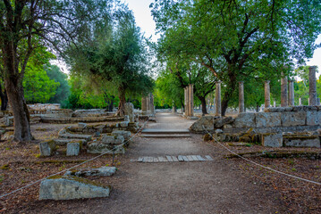 Sunset view of Archaeological Site of Olympia in Greece