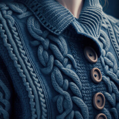 Generative AI illustration of blue warm knitted sweater with brown buttons and soft texture