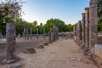 Sunset view of Palaestra at Archaeological Site of Olympia in Greece