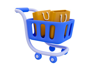 3d minimal online shopping concept. shopping time. shopping cart with shopping bags. 3d illustration. © peerapong