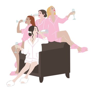 Bride and Bridesmaids in stylish pyjamas. Girls friends sitting in armchair and drinking Champagne. trendy flat illustration for happy wedding day or hen party invitation 