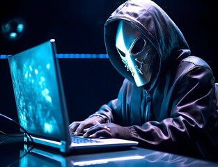 Anonymous robot hacker. Concept of hacking cybersecurity, cybercrime, cyberattack, dark web, etc.