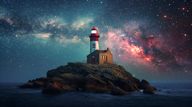 An Oceanic Landscape of A Lighthouse Under The Milky Way In a Tiny Coastal Rocky Island. Generative AI.
