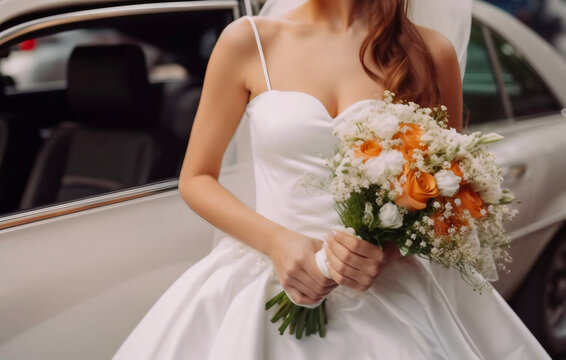 A wedding bouquet of roses is held by the bride