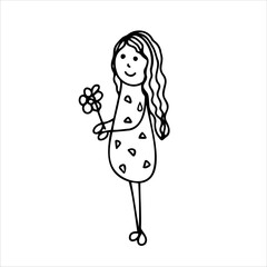 Cute girl with a flower in her hand. Vector hand-drawn doodles. Template design, logo, clipart, icon, sketch.