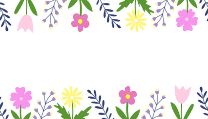 Seamless border with flowers and leaves, doodle style flat vector