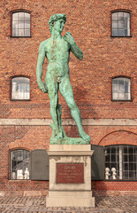 Copenhagen, Denmark - September 13, 2010: Full frontal closeup of Michelangelo David green bronze...