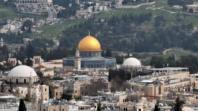 Jerusalem Al Aqsa temple mount dome of the rock, Aerial view,

Drone view from the old city of Jerusalem, 4K, march, 2023 

