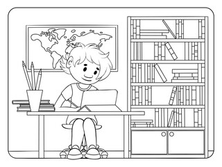 Home education coloring page. Boy study at home. Antistress for adults and kids.