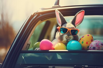 Fototapeta na wymiar easter bunny with eggs and sunglasses sitting in a car, generative ai,