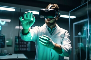 Generative AI illustration of scientist in a futuristic lab using virtual reality to cure disea