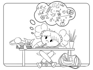 Home education coloring page. GIrl study at home. Antistress for adults and kids.