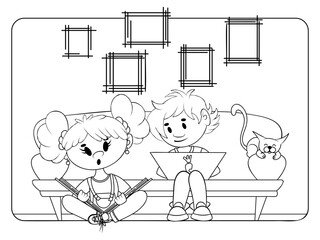 Home education coloring page. Boy and girl study at home. Antistress for adults and kids.