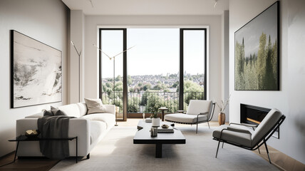 Fototapeta premium Minimalistic Modern Living Room Mock-Up with Bright Picture Frame and Concept Wallpaper