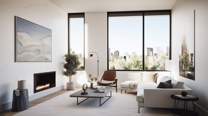 Minimalistic Modern Living Room Mock-Up with Bright Picture Frame and Concept Wallpaper