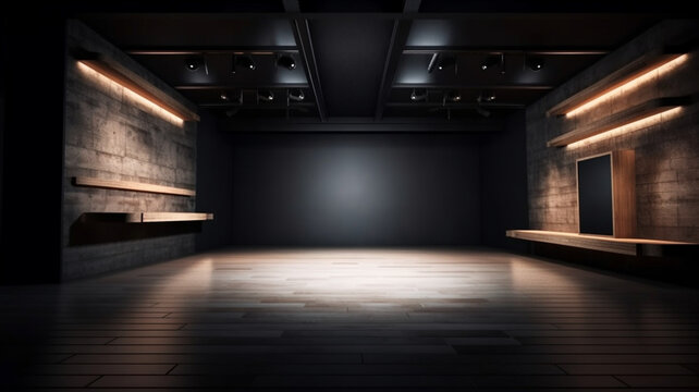 Photo empty space for product show in dark room with light spot on background