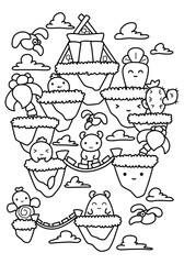 Coloring book for kids in kawaii style. Fantasy world with pyramids and rope bridges. The task for children can be used in a book or magazine