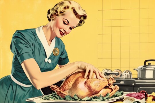 Illustration of a happy  housewife smiles while preparing a Thanksgiving or Easter turkey in a vintage retro illustration. Generative AI