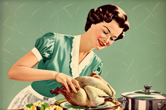 Illustration of a happy  housewife smiles while preparing a Thanksgiving or Easter turkey in a vintage retro illustration. Generative AI