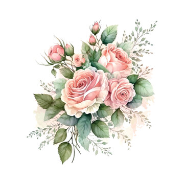 Dusty pink and cream rose, peony, hydrangea flower, tropical leaves vector garland wedding bouquet. Floral pastel watercolor style.Spring bouquet.Elements are isolated and editable