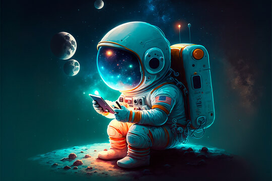 astronaut in space, illustration of an astronaut on a planet, sitting alone and typing on his smartphone, image created with ia