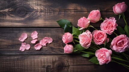 Mothers Day, roses on wooden background, generative ai