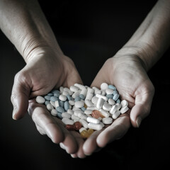 Deux mains qui tiennent des médicaments et pilules de couleur orange, blanc et bleu