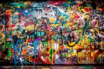 Fototapeta na wymiar a wall covered in lots of graffiti and lots of spray paint. generative ai