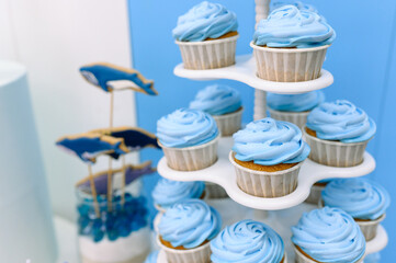 Sweets at a boy's birthday party. Cake, cupcakes, candy on blue background