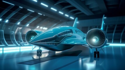 Futuristic electric bullet airplane soaring through a cutting-edge environment, featuring holographic overlays - AI Generated